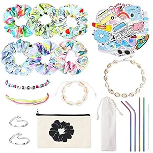 PANTIDE 67Pcs VSCO Stuff Set- VSCO Girl Stickers Hair Scrunchies Metal Straws with Cleaning Brush and Storage Bag Bracelets Wave Rings Beauty Bag Shell Bracelet Choker