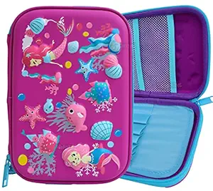 Toyshine Pink Mermaid and Fishes Hardtop Pencil Case with Compartments - Kids Large Capacity School Supply Organizer Students Stationery Box - Girls Pen Pouch- Pink