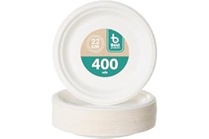 BEST PRODUCTS 400 Platos Caña de Azúcar Desechables Ecológicos Biodegradables Compostables y Reciclables Para Fiestas Cumpleaños Comuniones Redondos Llanos Ø 22 cm