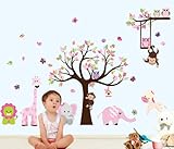  Nette Zoo Animal Wandaufkleber mit Affe Spielen auf Baum-Zweig mit Zebra, Löwe, Elefant Giraffe und Owl Nursery Wandtattoo