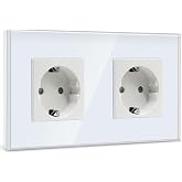 BSEED Schuko Double Wall Plug, Double Socket with White Glass Panel, 16A 250V Power Outlet, Extension Sockets for Kitchen, Be
