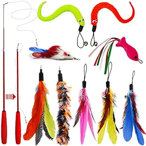 Cat Feather Toys,Interactive Retractable Cat Teaser Wand with 9 Refills with Bells and Feather Indoor Interaction with Cats (Plaid)