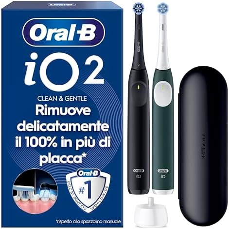 Oral-B iO2 Spazzolino Elettrico | Confezione da 2 |Nero e Verde | 2 Testine di Ricambio | Fino a 4 settimane di carica | Custodia da viaggio