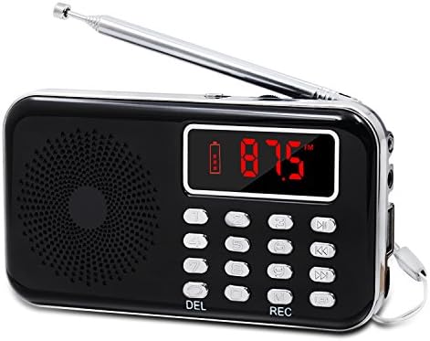 Lefon FM Radio Mini Portable with LED Screen Display MP3 Music Player Support TF Card/ USB Disk , AUX , Recording Function, Power Display , Rechargeable Battery, Emergency Flashlight (Black--Upgraded)