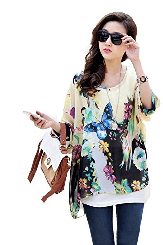 LATH.PIN Ladies Bohemian Floral Blouse Chiffon Tunic Batwing T-shirt
