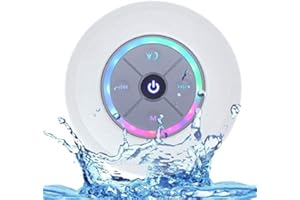 JUSTOP Rainbow LED Bluetooth Shower Speaker With FM Radio, IP67 Portable Fully Waterproof, Hands-Free Speakerphone. Rechargeable Using Micro USB, Perfect Speaker for Golf, Beach, Shower & Home (White)