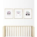 Kinderposter Kinderzimmerbild 3er-Set mit Panda, Eisbär, Eule und Waschbär - für Mädchen, Baby, Kind - Geschenkidee zur Geburt, Taufe, Geburtstag; Poster Kinderzimmer Wandbild - ungerahmt