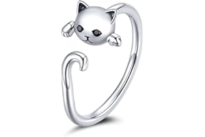 Qings Gato Anillo Ajustable 925 Libras Esterlinas Zirconia Cúbica Anillo Animal Plata Simple Lindo Gatito para Mascotas Envoltura Apilable Boda Anillos Dedo Joyería Moda Regalos para Niñas Mujeres