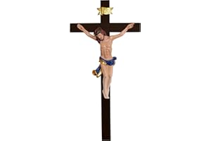 Kaltner Präsente Idea de regalo: 35 cm Crucifijo de pared de madera de abeto de roble teñido de color, figura de Jesucristo pintada a mano de resina fundida – Decoración