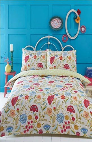 Irvine Super King Size Bed Duvet Cover and 2 Pillowcases Set Bedding, Bed Set, Cream, Blue, Red, Floral, Retro, Cream