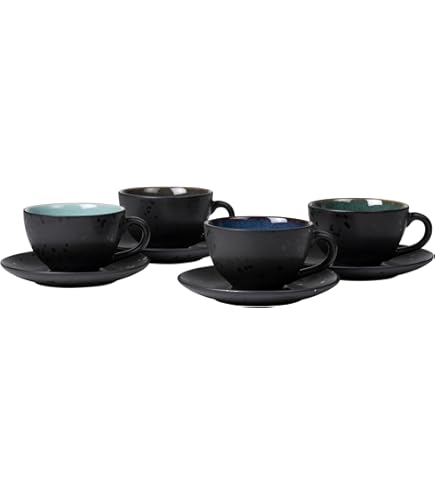 BITZ Set 4 Tazze Da Caffè In Gres Porcellanato - Bicolore 30 Cl - Fatte A Mano, Design Scandinavo, Smaltatura Unica (Nero/Ambra, Viola, Rosso, Crema)