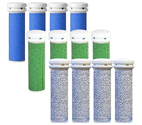 12 x Mikro-Mineral Ersatzrollen für die Emjoi Micro-Pedi 4x Extra, 4x Extreme & 4x Super Grobe Replacement Rollers Compatible With Emjoi Micro Pedi Rollen Ersatzrollen für Hornhautentferner Emjoi Micro Pedi,extra, super & extrem rau, blau, grün & silber, 12 Stück