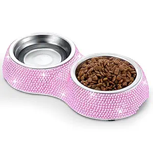 SAVORI Small Cat Bowls Pink, 320ML Handmade Bling Rhinestones Stainless Steel Pet Bowls Removable Double Food Water Feeder for Puppy Cats Dogs