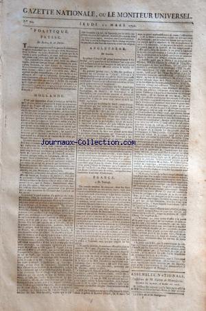 GAZETTE NATIONALE OU LE MONITEUR UNIVERSEL [No 70] du 11/03/1790 - POLITIQUE EN PRUSSE - HOLLANDE - ANGLETERRE - FRANCE - ASSEMBLEE NATIONALE / PRESIDENCE DE L'ABBE DE MONTESQUIOU
