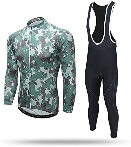 TeyxoCo Men's Green Camouflage Professional Long Sleeve Cycling Gel Pad Bid Jersey Set S
