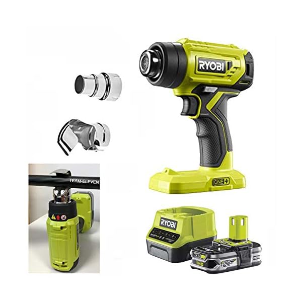 RYOBI 18V Akku Heißluftgebläse Heißluftpistole R18HG-0 - inklusive 1,5 Ah Lithium-Ionen-Akku, Schnellladegerät, Reduzierdüse und Reflektordüse