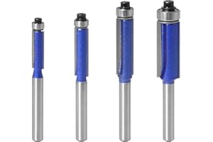 Gasea 4pcs 6.35mm Tige Amélioré Fraise a Copier Affleurement Trim Routeur Bit Defonceuse Double Flûte Avec Roulement Supérieure 6.35, 7.96, 9.52, 12.7mm Pour Outils de Menuiserie Bleu