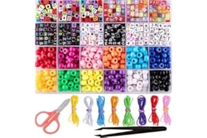 Kikuo 960 Pcs Beads Bracelets String Kit Acrylic Alphabet Cube Letter Beads DIY Necklace with 8 Rolls Colorful Strings 1 Pcs Tweezers and 1 Pair Scissors for Jewelry Making