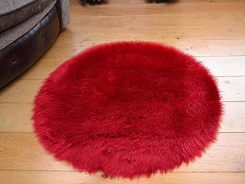 Faux Fur Soft Ruby Red Circular Sheepskin Style Rug Available In 2 Sizes (68cm Diameter)