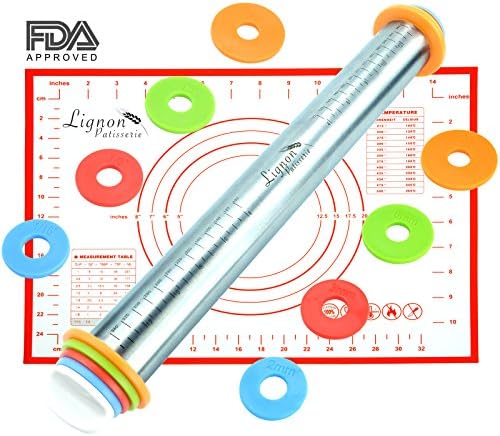 Baking Rolling Pin and Silicone Cooking Mat | Adjustable Stainless Steel Rolling Pins | Pastry Roller and Baking mat | Rolling Pion 4 Adjustable Discs for 4 Different Thickness | Anti Adhesive for Cake, Pastry, Laminated, Pizza, Ravioli. Professional Pastry Utensil, Dishwasher Safe, Cooking, Bakery, Doog, Decoration, Wood | Long Rod Rolling Pin for Baking by Lignon Kitchen