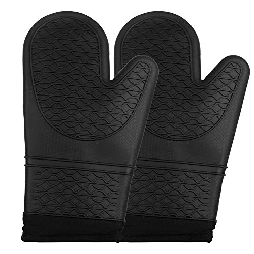 Preisvergleich Produktbild Silikon Ofenhandschuhe - 1 Paar extra lang Professional hitzebeständig Topflappen Handschuhe - Ofen Handschuhe Set von 2, schwarz