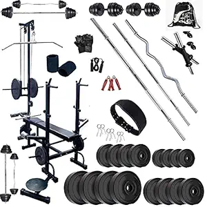 BodyFit Weight Plates 20 In 1 x, Flat Bench Home Gym Fitness Package Exercise Sets (100 Kg), Multicolour