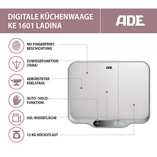 ADE Digitale Küchenwaage KE 1601 Ladina. Elektronische Waage mit XXL Wiegefläche aus Edelstahl für präzises Wiegen bis 15 kg. Mit Zuwiegefunktion (Tara), Auto-Hold. Inkl. Batterie. Silber - 3