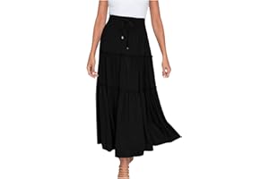 AMHOMELY Boho Maxi Skirts for Women Long Skirts Sale Chic Ladies Solid Casual Ruched Ruffles Elastic Waist Skirts Beach Skirts Clearance UK