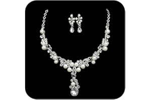 Ushiny Wedding Jewellery Set for Bridal Silver Rhinestone Necklace and Earring Set Sparkly Crystal Dangle Drop Earring Necklace Jewelry for Brides Women and Girls