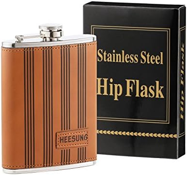 Heesung Stainless Steel Hip Flask Wrapped Brown Leather With Rectangle Logo, Whiskey Hip Flask And Liquor Flask 8 OZ ,Metal Flask Attached Screw on Cap