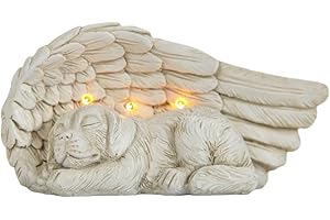 ‎FESTIVE LIGHTS Festive Lights Hund Gedenkstein mit Engelsflügeln – 20 cm solarbetriebenes LED Grablicht, wetterfeste Grabdeko für Tiergrab, Trauerstein aus Kunstharz für Garten