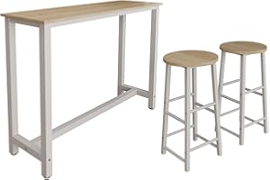 MB Muebles Bonitos, Mesa Alta Bar con 2 Taburetes Ani, Barra Cocina de Estilo Minimalista con Patas de Metal, Melamina Mate, Blanco y Sonoma, 140x100x40 cm