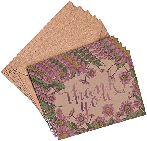 (Pack of 10) Pink Flowers Floral Springtime Watercolour Thank You Cards and Envelopes Vintage Brown Recycled A6 (Pack of 10) Notecards Wedding Party Greeting (Stationery, Note Cards)