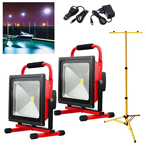 Preisvergleich Produktbild Hengda® 2x50W Rot Kaltweiß LED AKKU Strahler Fluter Campinglampe Nachtfischen nächtliche Notreparaturen bei KFZ Werkstatt Baustrahler Handlampen mit Stativ