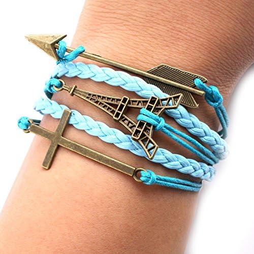 Uming® Retro Vintage Fashion Handmade Multilayer Braided Rope Bracelet for Friend Friendship Gift Personalized Rope Wrap Wristband Bangle Infinity 8 Shape Metal plate ( Multi Series ) - Blue: Arrow Tower Cross