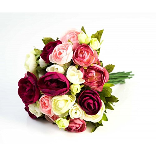 Künstlicher Ranunkelstrauch mit 18 Blüten, pink-rosa-weiß, 30cm, Ø 25cm - Deko Strauß Busch Strauch