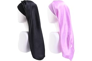 LADAYPOA Lange Satin Schlafmütze, 2 Stück Große für Frauen, Mit Langen Zöpfen, Extra Groß Mit Breitem Elastischem Band, Weich und Bequem