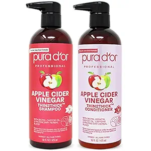 PURA DOR Apple Cider Vinegar Thin2Thick Set Shampoo Conditioner for Regrowth, Hair Loss, Clarifying, Detox (2 x 16oz) Biotin, Keratin, Caffeine, Castor Oil, All Hair Type, Men/Women, Packaging varies