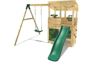 Rebo® Wooden Lookout Tower Playhouse with 6ft Slide and Swing - Yellowstone | OutdoorToys | Pressure Treated Timber, Climbing Wall, either Binoculars or Telescope & Steering Wheel & Secret Den at Base