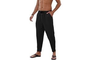 Yutdeng Pantaloni da Uomo in Lino Estivi Casual Pantaloni Elasticizzati Leggeri da Yoga Spiaggia Vacanze Pantaloni Larghi Pantaloni con Tasche e Coulisse Elastico Pants