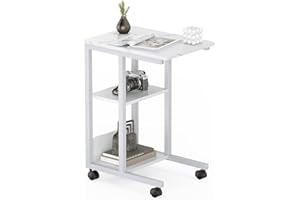 Farini Beistelltisch Sofatisch Couchtisch Nachttisch mit 3 Ablagefächern, C-Form, Metallgestell, Tischpltte aus Holz, feststellbarer Rollen Weiß