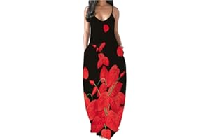 PADOLA Robe Femme Chic et Elegant Bohème Robe avec Poche Bretelles Spaghetti Maxi Robe Floral Robe de Plage Longue été Décontractée Robe Vintage Grande Taille sans Manche