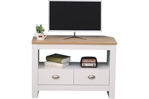 CFDZ CF Furniture Corner 2 Drawers TV Unit with Shelf,TV Cabinet Storage Living Room White,Entertainment Small Sideboard for TV Modern Style- White+Oak,85x39x58cm/33.46x15.35x22.83inch