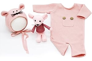 SURAKEY Baby Fotoshooting Kostüme Set,Neugeborene Fotografie Requisit Strampler Hut Ratten Puppe Set Säugling Baby Foto Requisiten Outfits