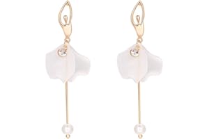 Mecool Orecchini pendenti a forma di fiore con petali bianchi e perle sintetiche in resina sintetica