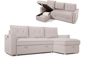 Nalui - Sofa Cama Chaise Longue Haven 213x129x81cm Reversible con Arcón de 127,6L. Sofa de Salon 3 Plazas Convertible en Cama de 122 x 190 cm. Incluye Bolsillos y Tejido 360º, Gris Claro