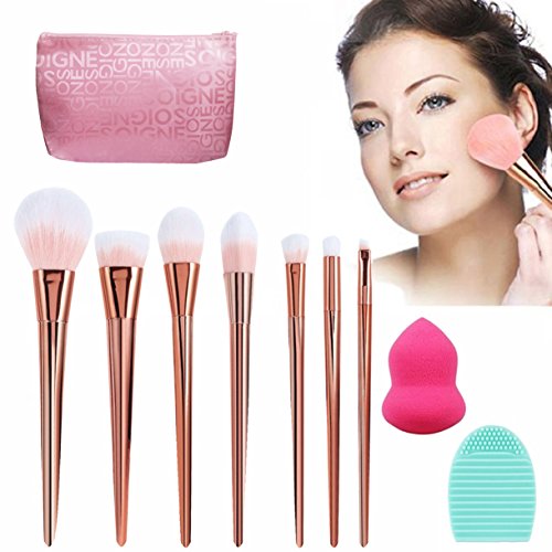 VONISA 7pcs Soft Makeup Brushes Sets-Professional Kabuki Make Up Brush Set-Face Foundation Eye Cosmetic Brush Kit-Contour Make Up Brushes-Makeup Brush Cleaner with Makeup Sponge Puff+ Cleaning Egg