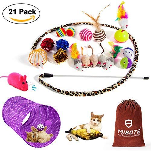 MIBOTE 24Pcs Cat Toys Kitten Catnip Toys Assorted, 2 Way Tunnel, Fish, Interactive Feather Teaser, Fluffy Mouse, Tumble Cage Mice, Crinkle Rainbow Balls Bells Toys for Puppy Kitty