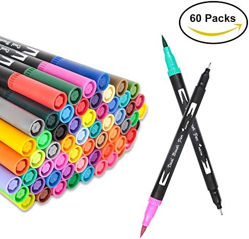 Dual Tip Art Markers, 60 Colors Watercolor Brush Pens Set - 0.4mm Fine Liners Tip &amp; 1-2mm Brush Tip,Highlighters Watercolor Pens for Adult Coloring Books,Drawing,Fun for Adults, Teens &amp; Children Artists (60 Colours)