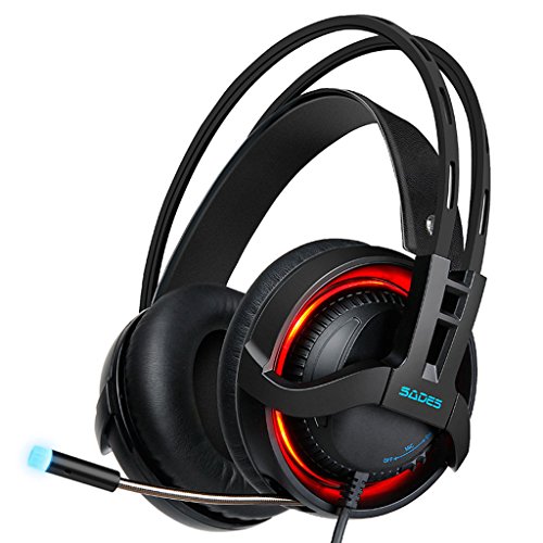 Preisvergleich Produktbild USB Gaming Headset mit Mikrofon, Über Ohr Wired Stereo Computer Kopfhörer, Lautstärkeregler Enhanced Bass Noise Cancelling Flexible Stirnband mit LED für PC PS4 Laptop und